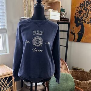 Gap x DOEN Navy Blue Embroidered Crest Vintage Soft Preppy Popover Sweatshirt